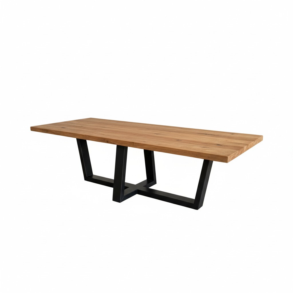 Industriële eettafel met dik blad en zwart onderstel (270 cm)