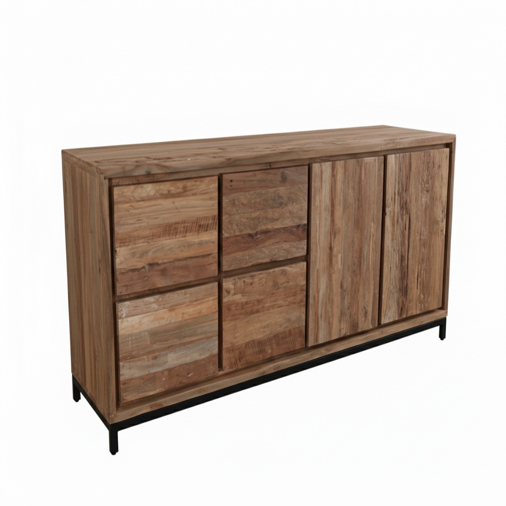 Teakhouten dressoir met industrieel onderstel (220 cm)