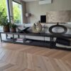 Lage teak consoletafel 280 cm met zwart stalen frame